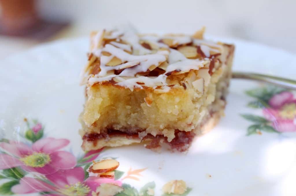 Bakewell tart slice that's been tucked into!