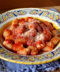 bowl of gnocchi with tomato sauce and cheese