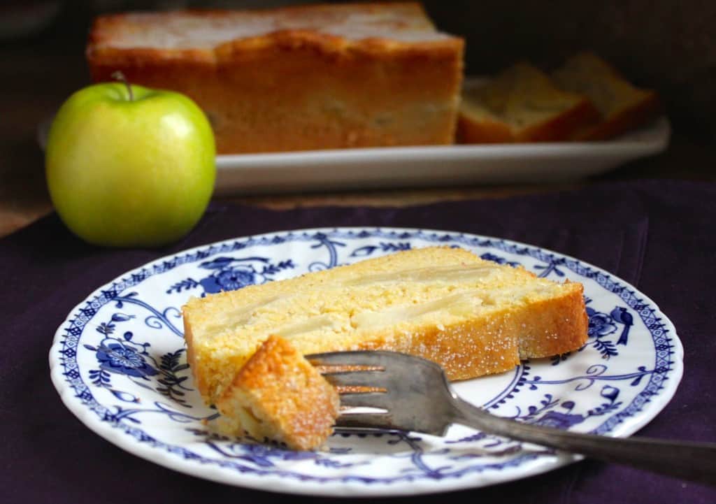 Apple Cornbread on a blue and white plate