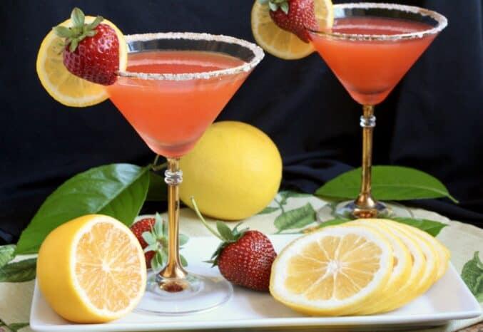 strawberry lemon drop martinis with lemons