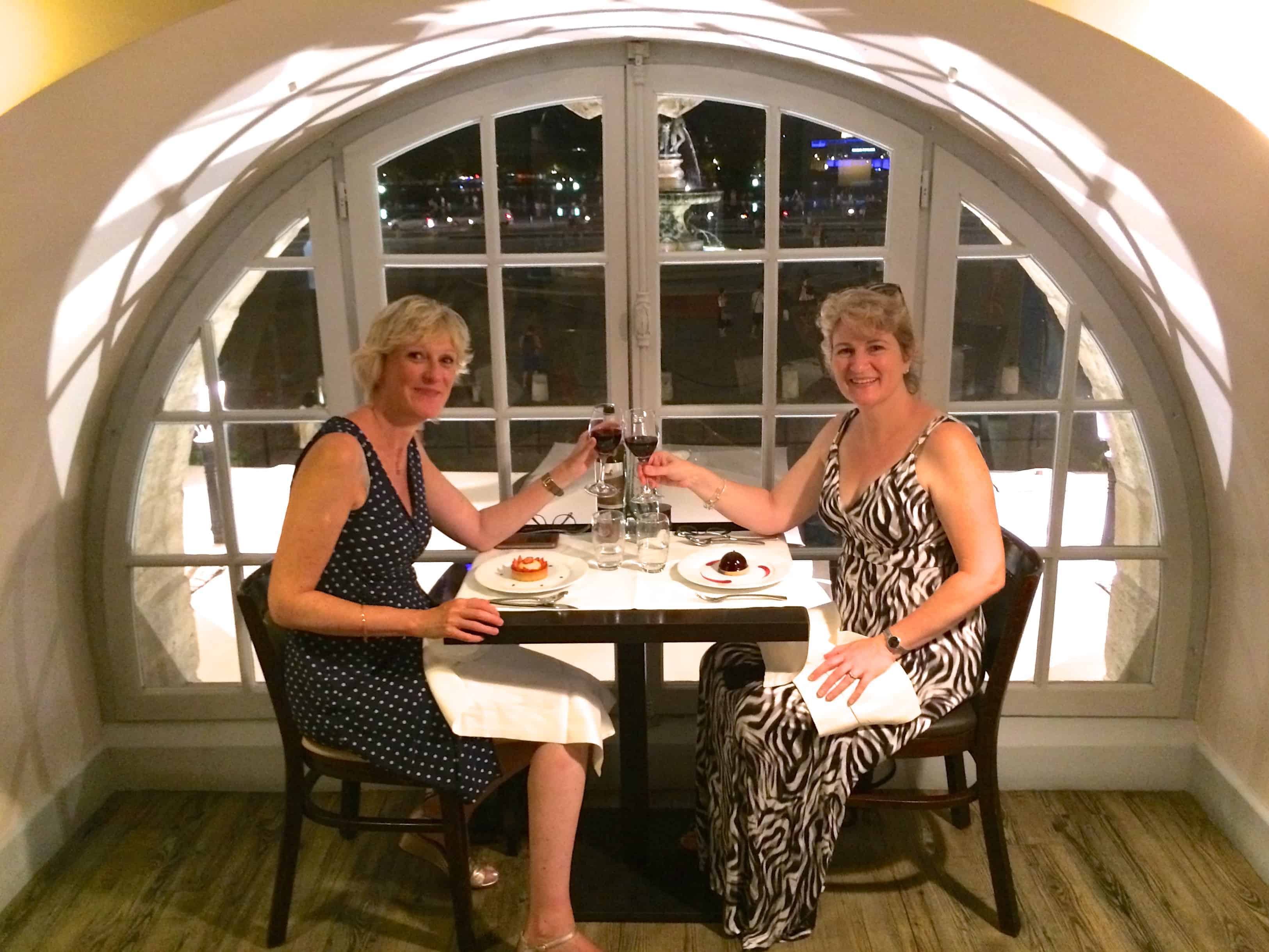 Jill Colonna and Christina Conte at a restaurant in Bordeaux