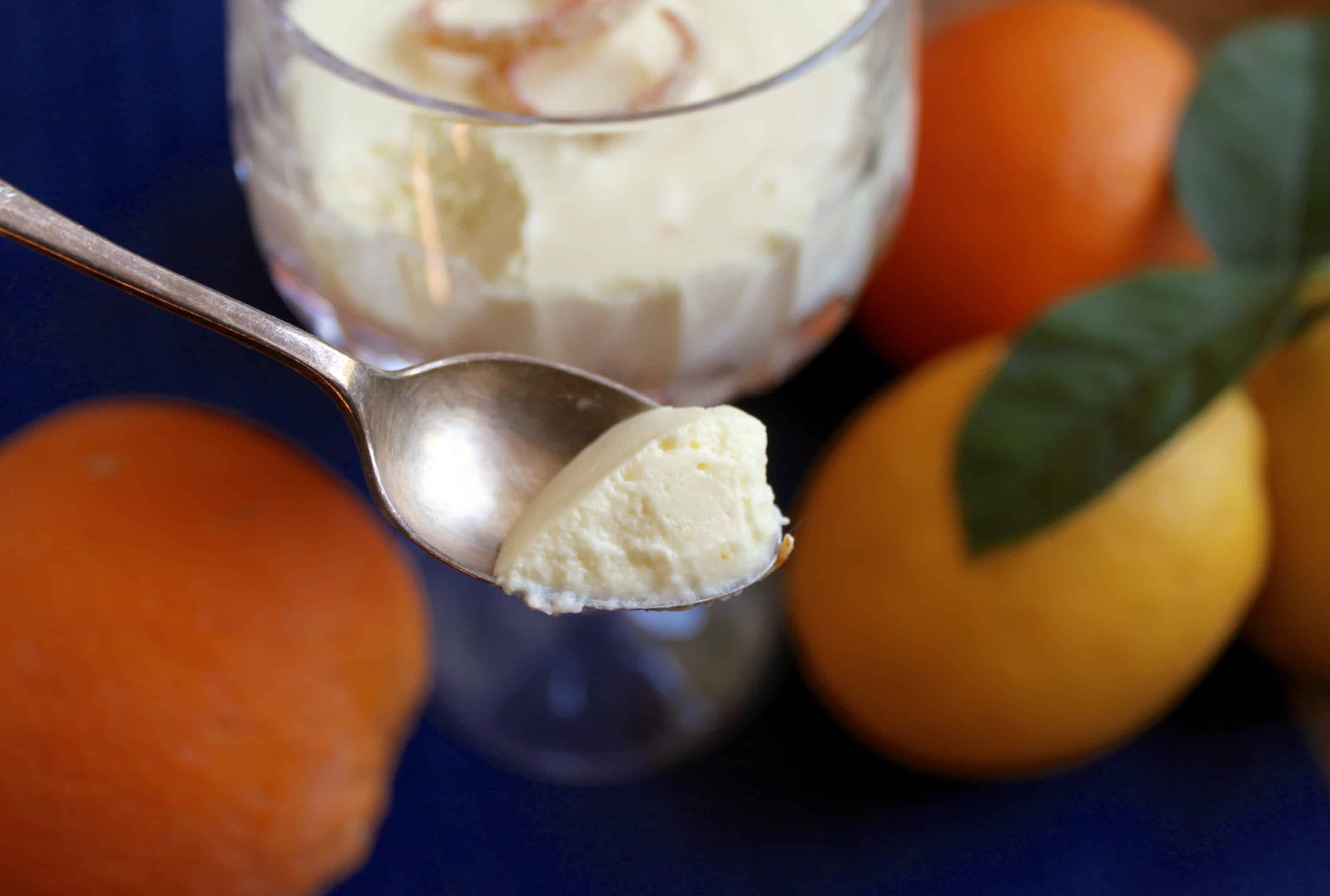 Spoonful of Orange Boodle with citrus in the background