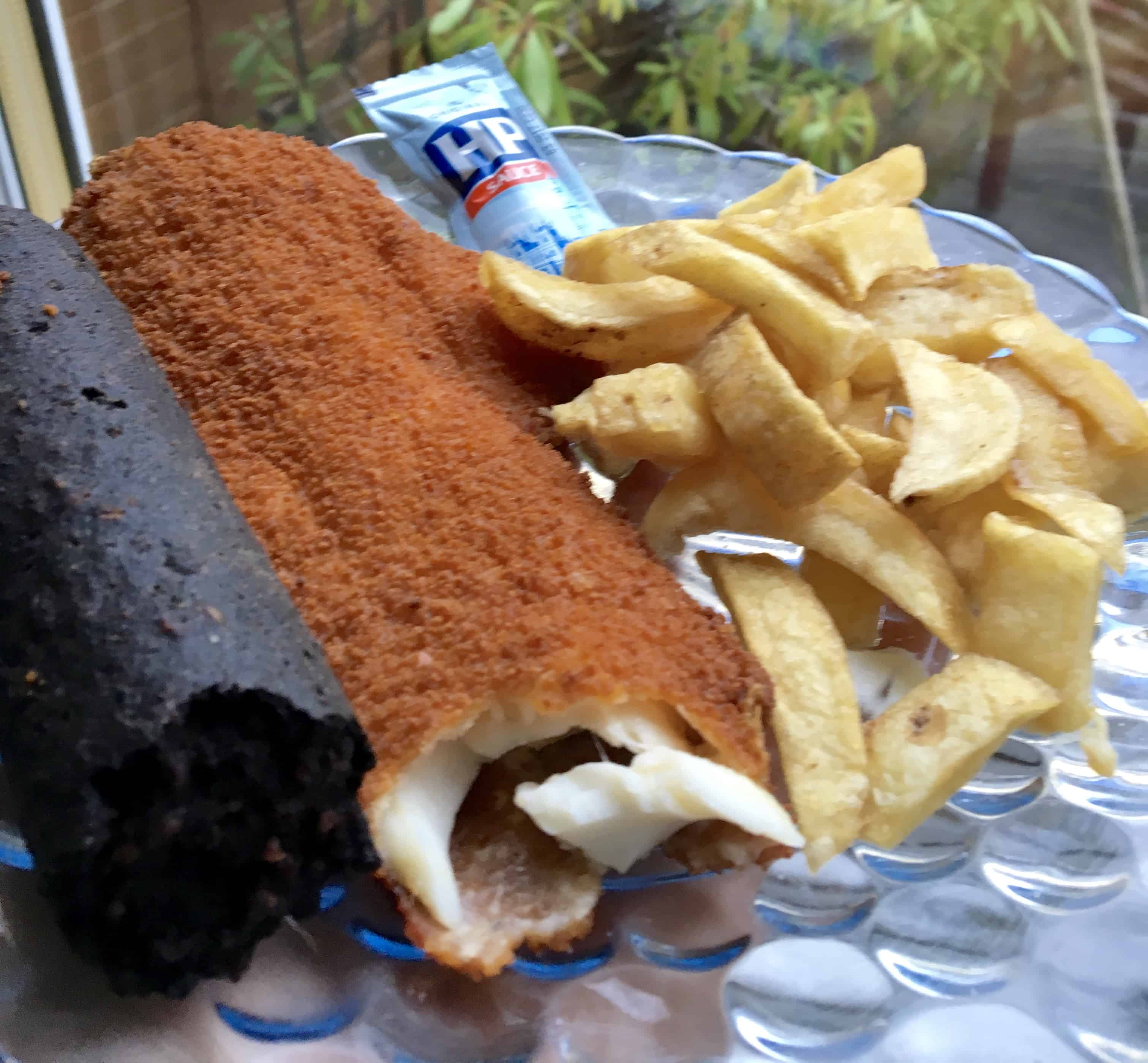 fish and chips and black pudding supper