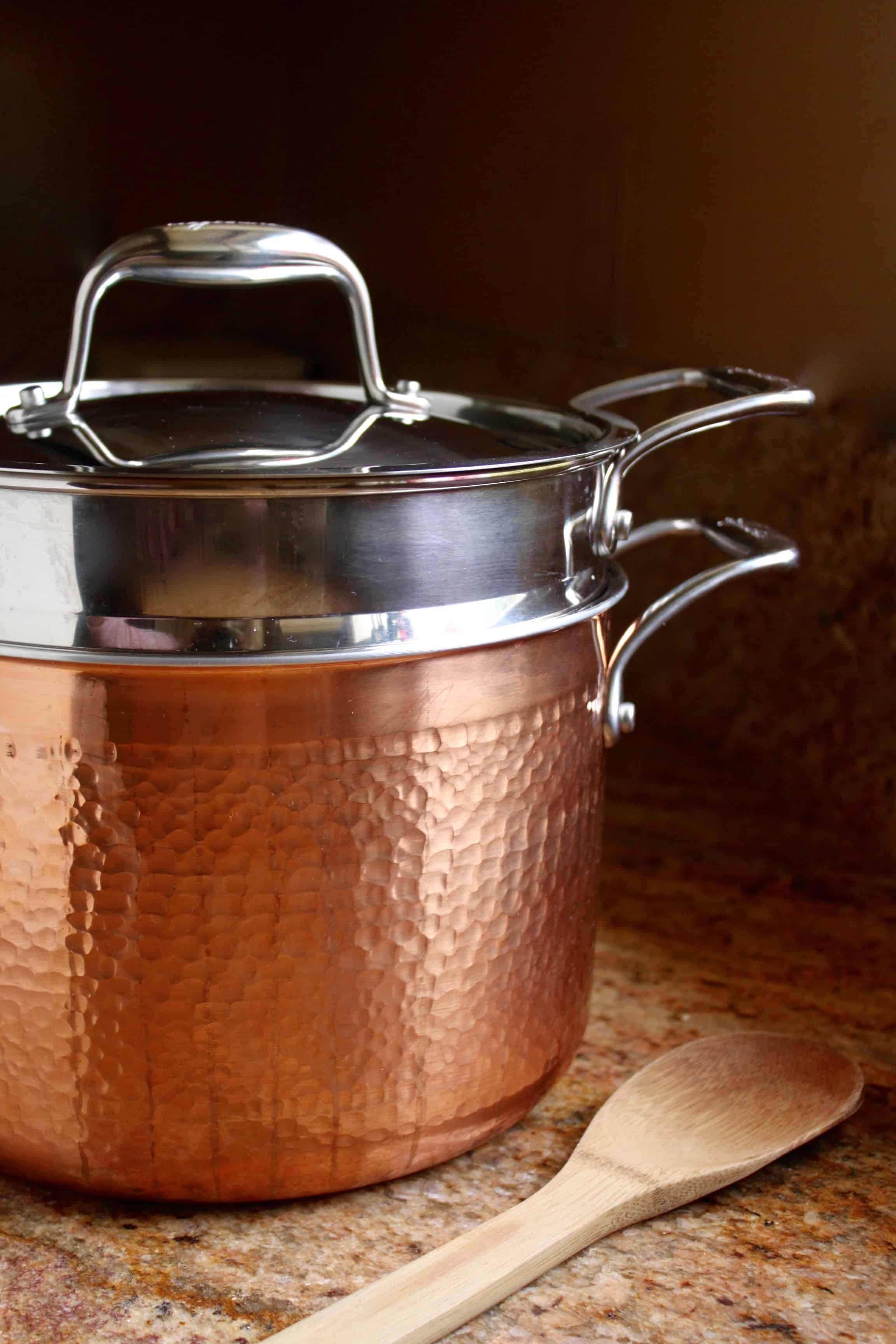 Lagostina review: Copper Pastaiola Pot with a wooden spoon