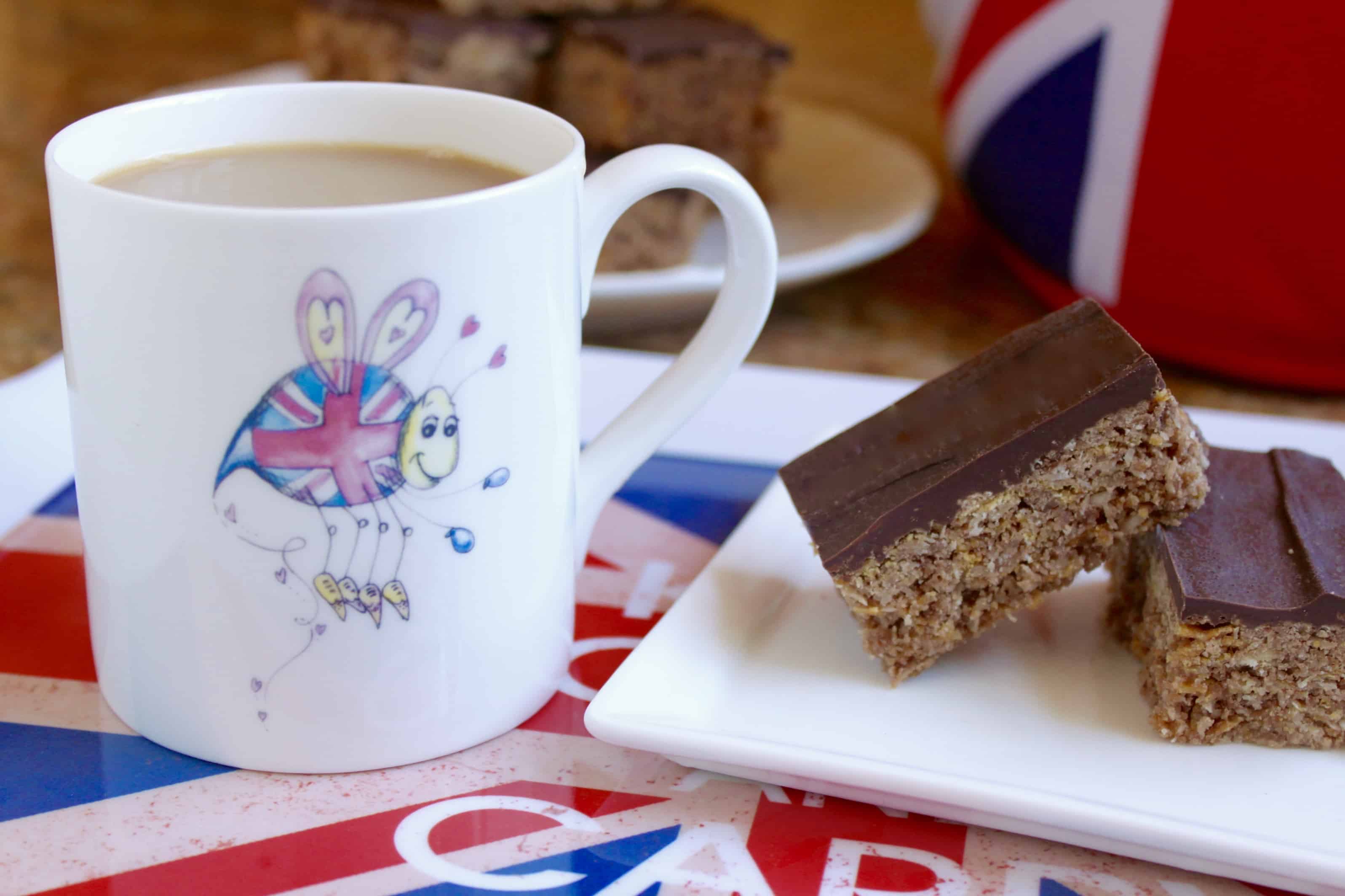 Australian Crunch bars with a cup of tea on a Union Jack tray