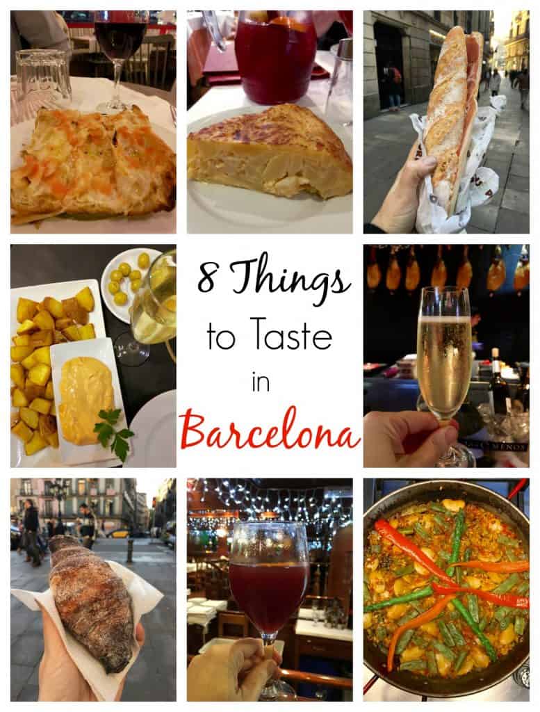 8 Things to Taste in Barcelona collage including patatas bravas