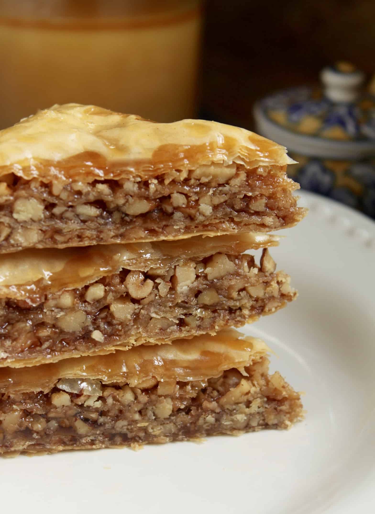 3 pieces of Honey Walnut Baklava stacked on top of each other