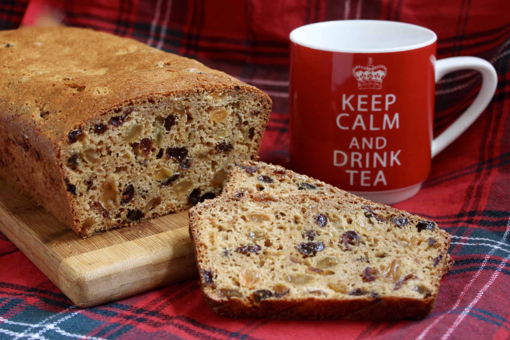 Scottish Tea Bread sliced with a mug