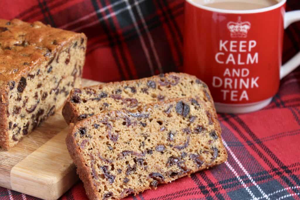 Scottish tea bread slice with a mug of tea