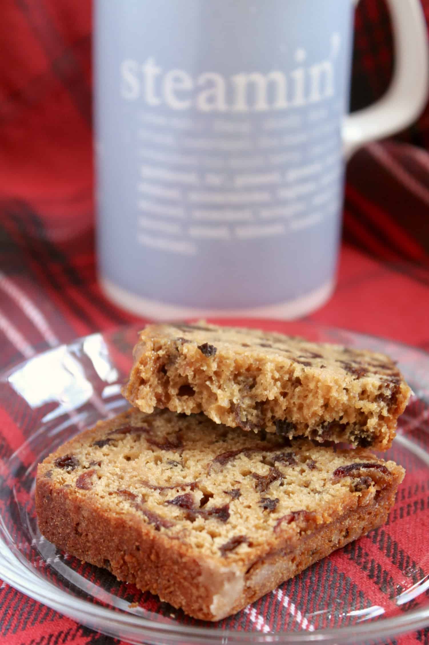 Bara Brith slice with a mug of tea