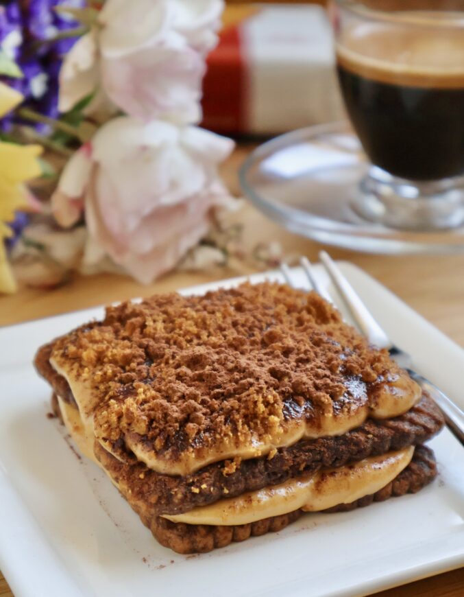 Square Biscoff tiramisu on a plate