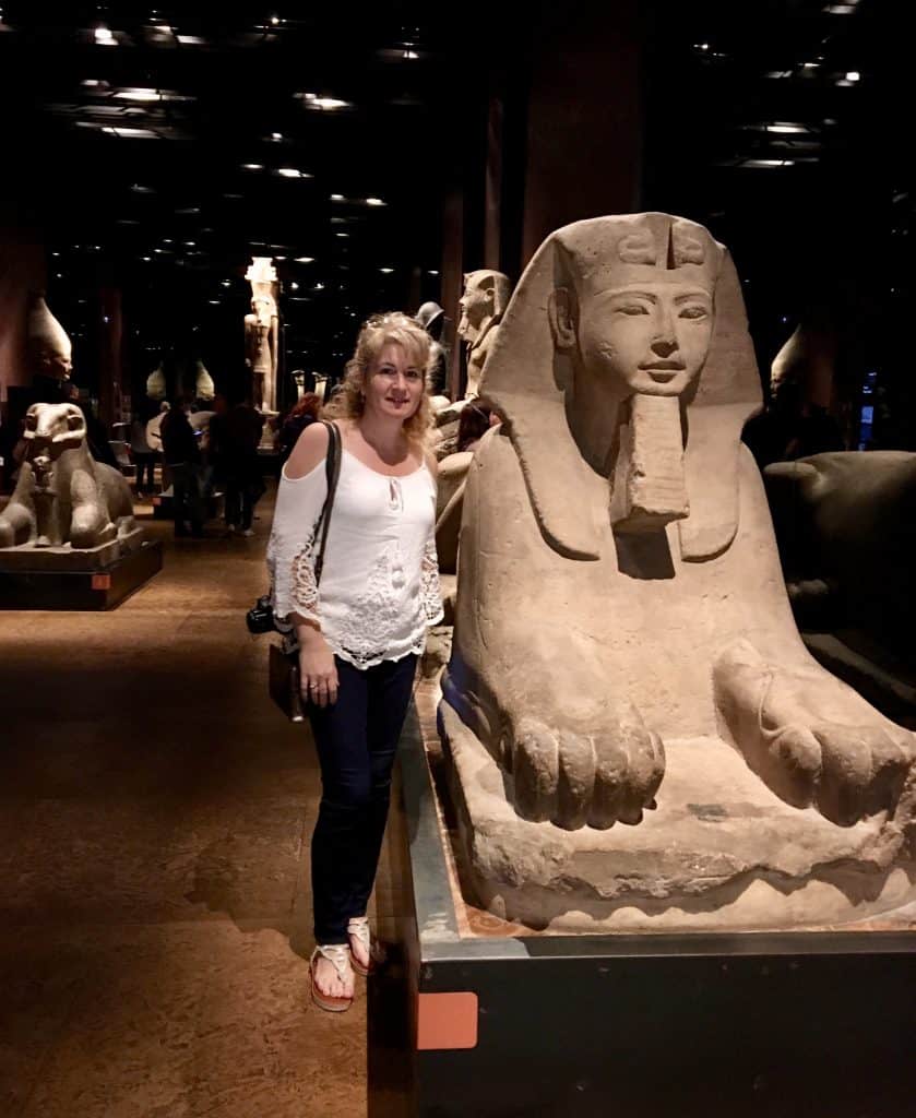 Christina and a sphinx at the Egyptian Museum Turin