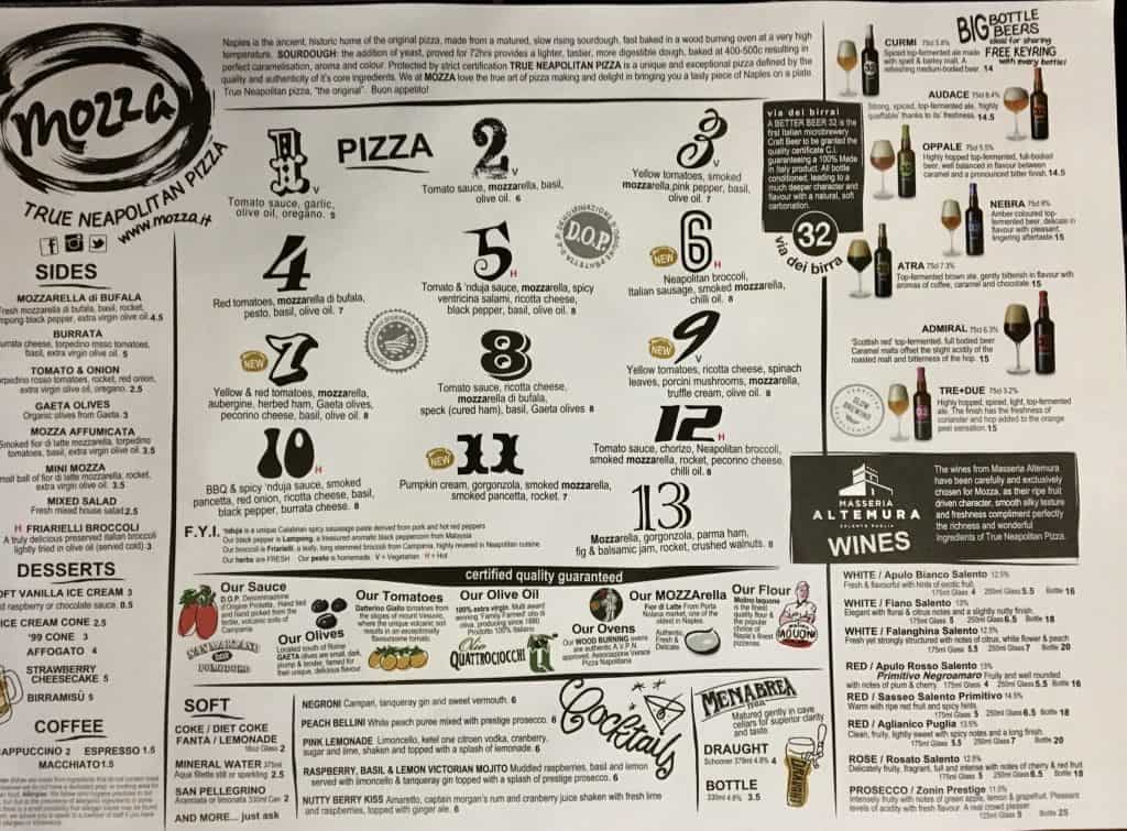Mozza pizzeria in Glasgow, Scotland menu