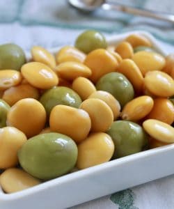 Lupin beans and green olives in a bowl