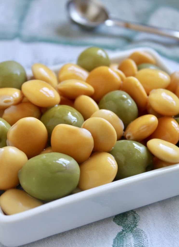 Lupin beans and green olives in a bowl
