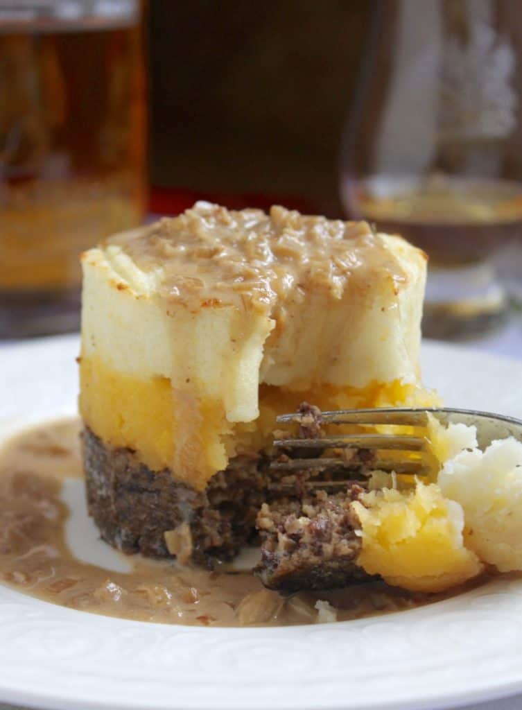 Haggis neeps and tatties stack tower with whisky sauce haggis