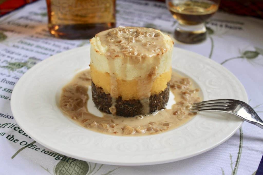 Haggis neeps and tatties stack tower with whisky sauce