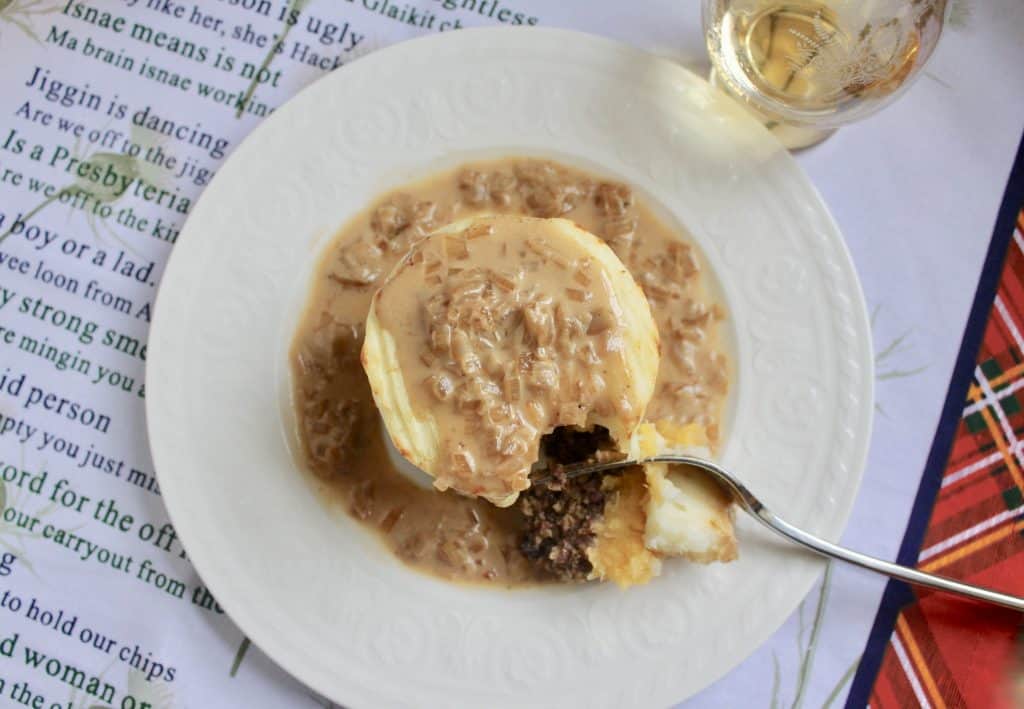 Haggis neeps and tatties stack tower with whisky sauce