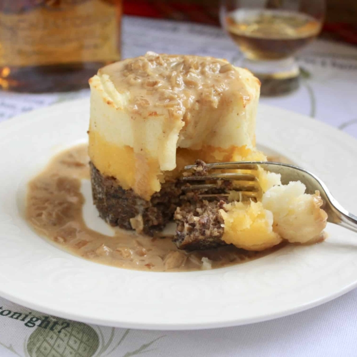Haggis neeps and tatties stack tower with whisky sauce