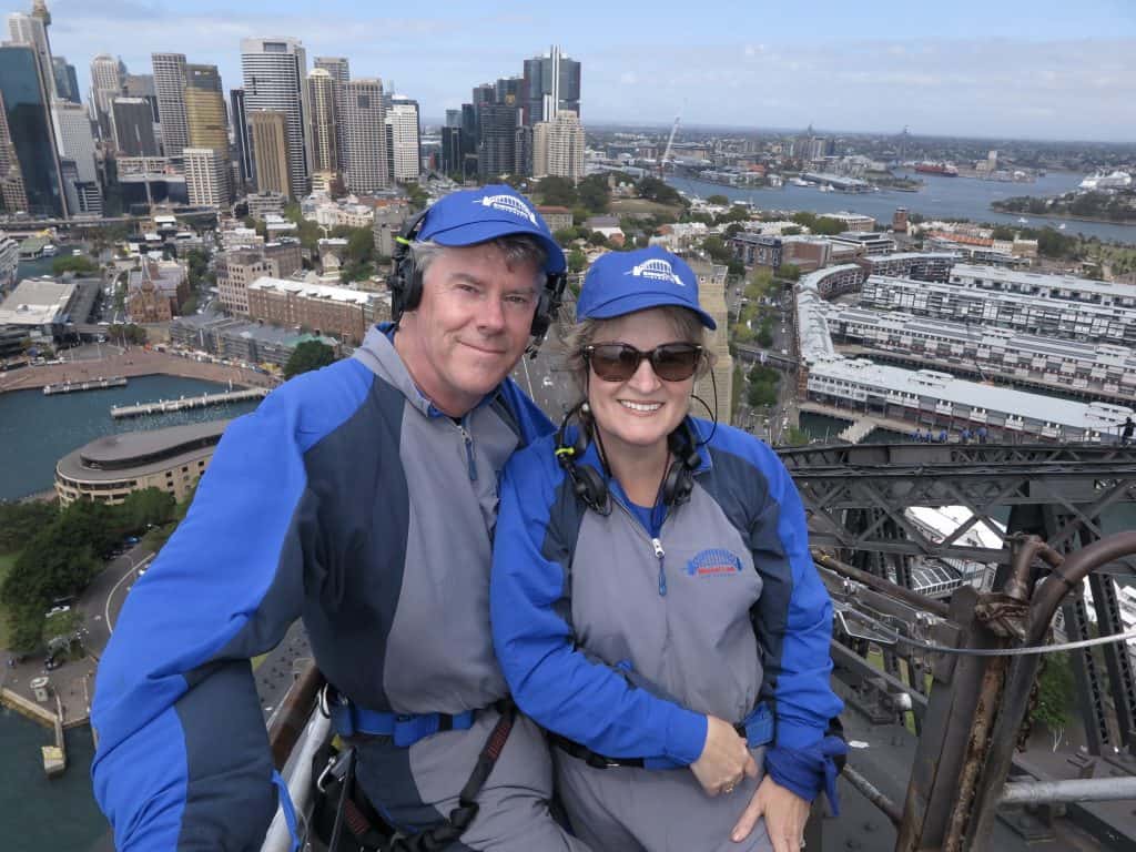 Christina and husband on Sydney's Harbour Bridge Climb