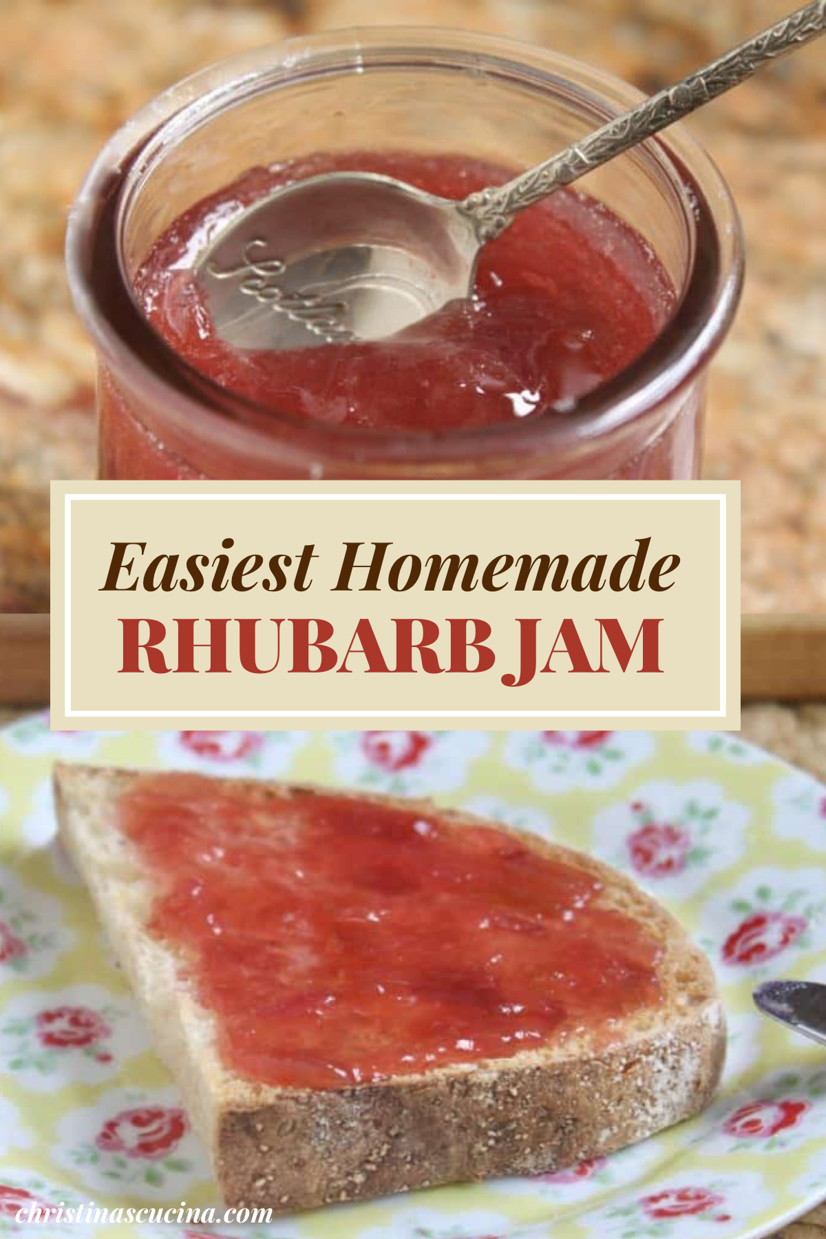 pinterest pin of rhubarb jam spread on piece of sliced bread on plate