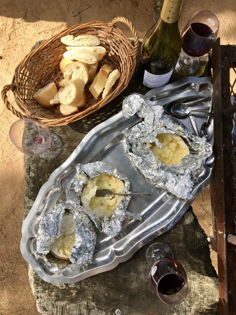 grilled Camembert, bread and wine
