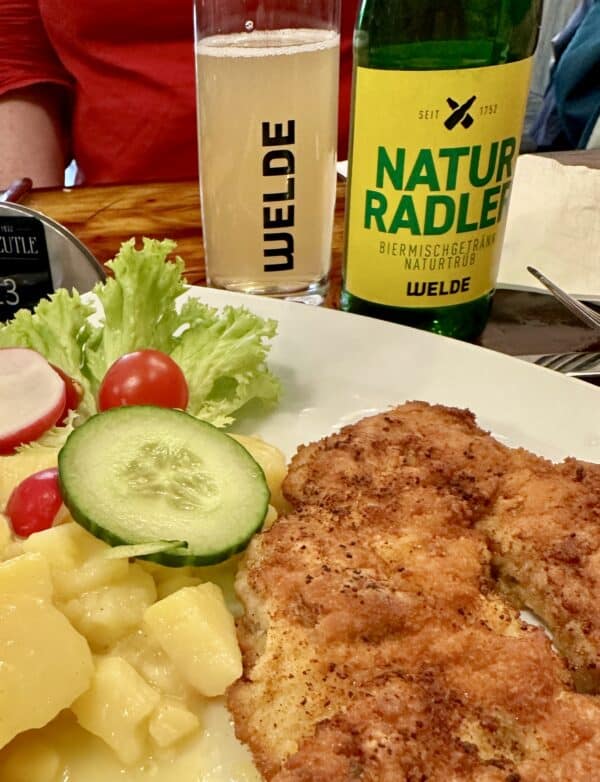 radler with weiner schnitzel and potatoes