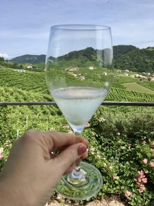 Valdo Prosecco with a view of the Valdobbiadene vineyards