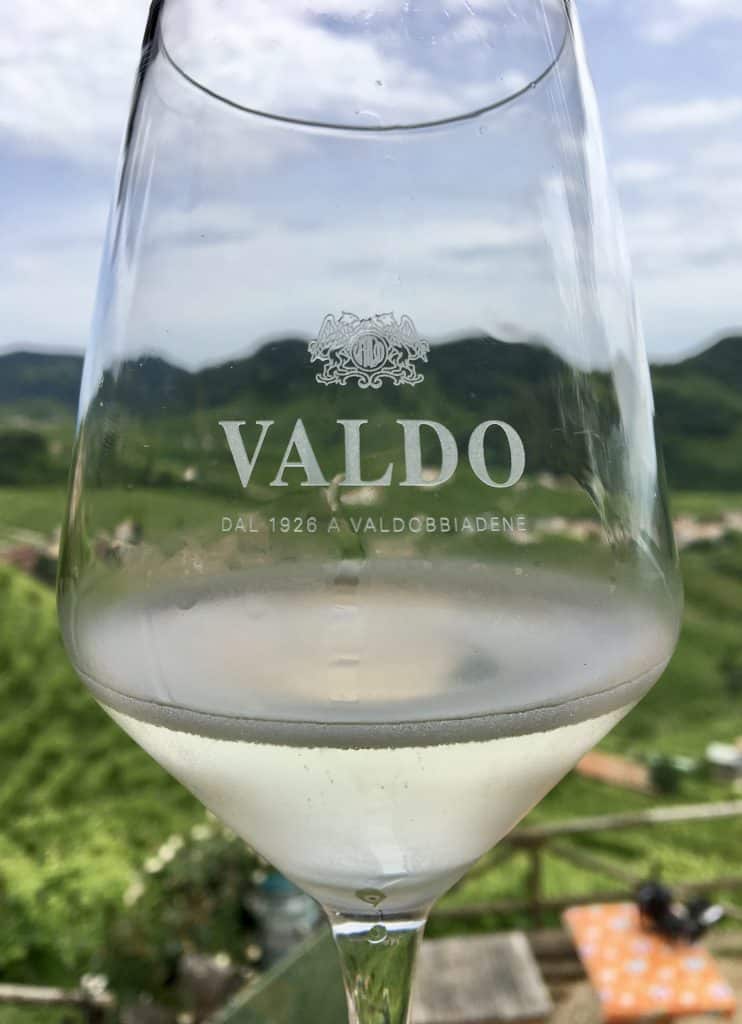 A glass of Valdo prosecco in Valdobbiadene