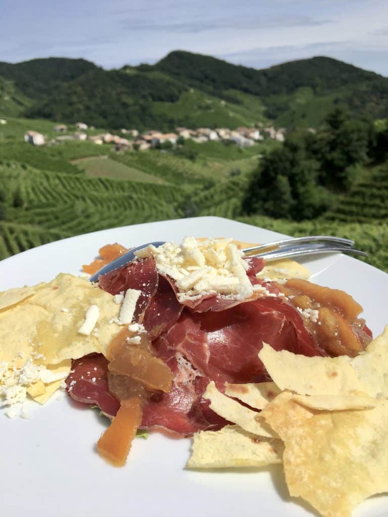 Valdobbiadene vineyards with antipasto and a view