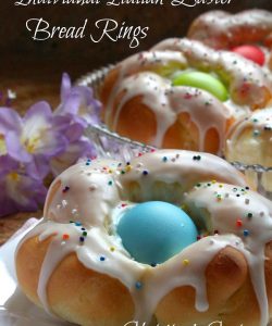 individual Italian Easter bread rings with pastel eggs