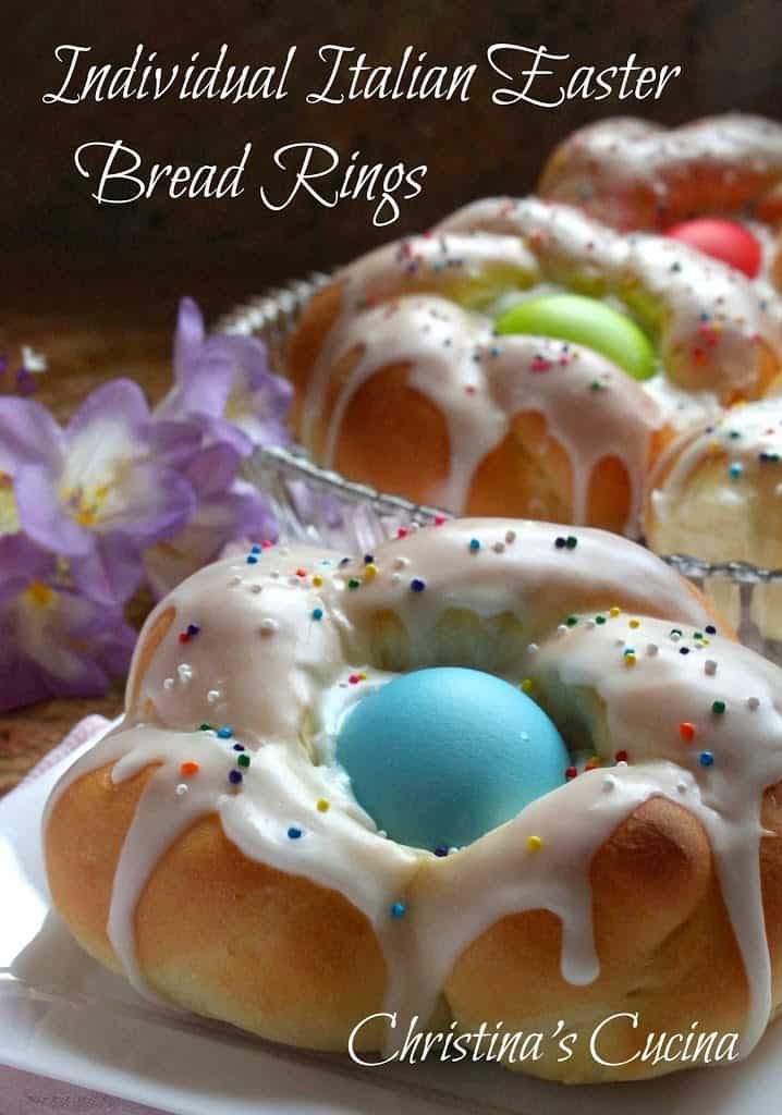 individual Italian Easter bread rings with pastel eggs