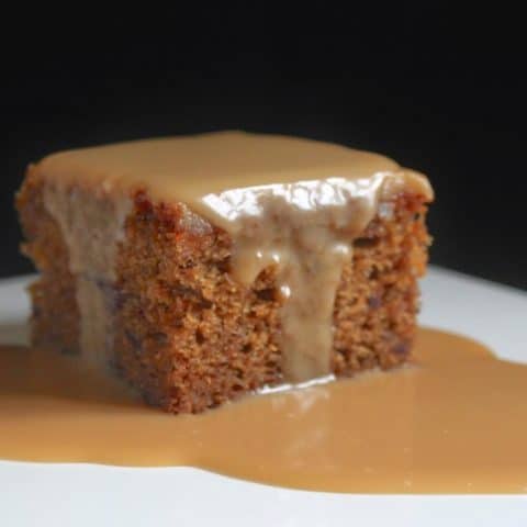 sticky toffee pudding on a white plate