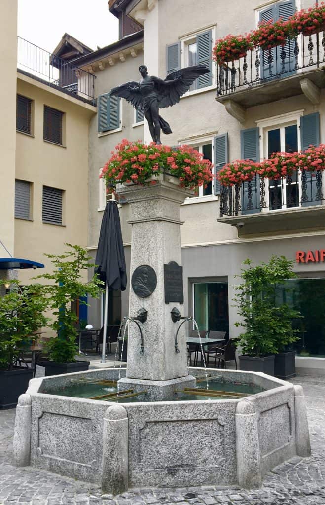 Peruvian aviator Geo Chavez memorial fountain in Brig, Switzerland