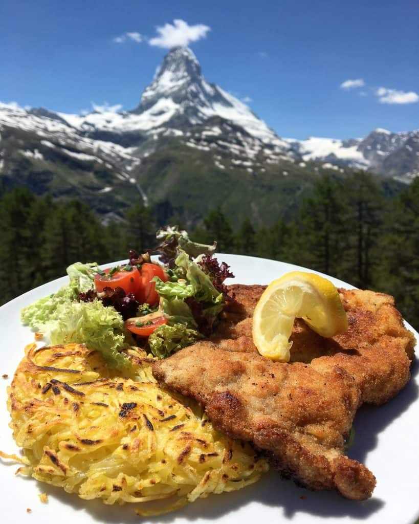 Wienerschnitzel in front of the Matterhorn when you visit Zermatt