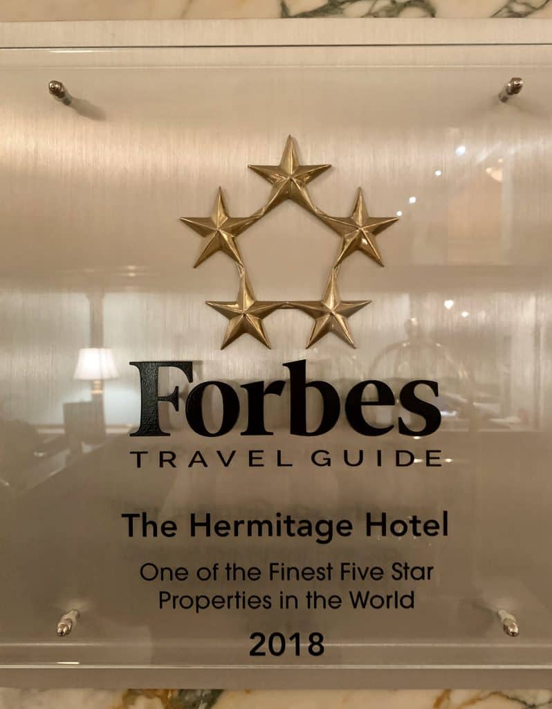 Forbes travel guide sign in Hermitage Hotel