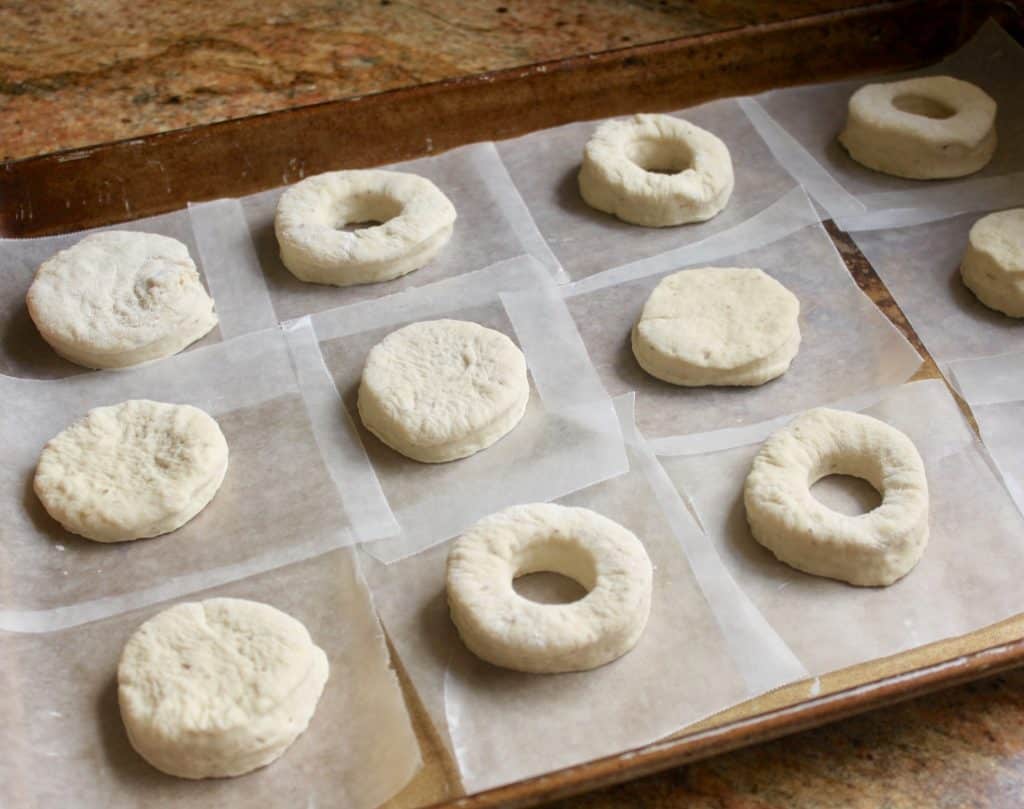Putting vegan doughnuts on tray to rise