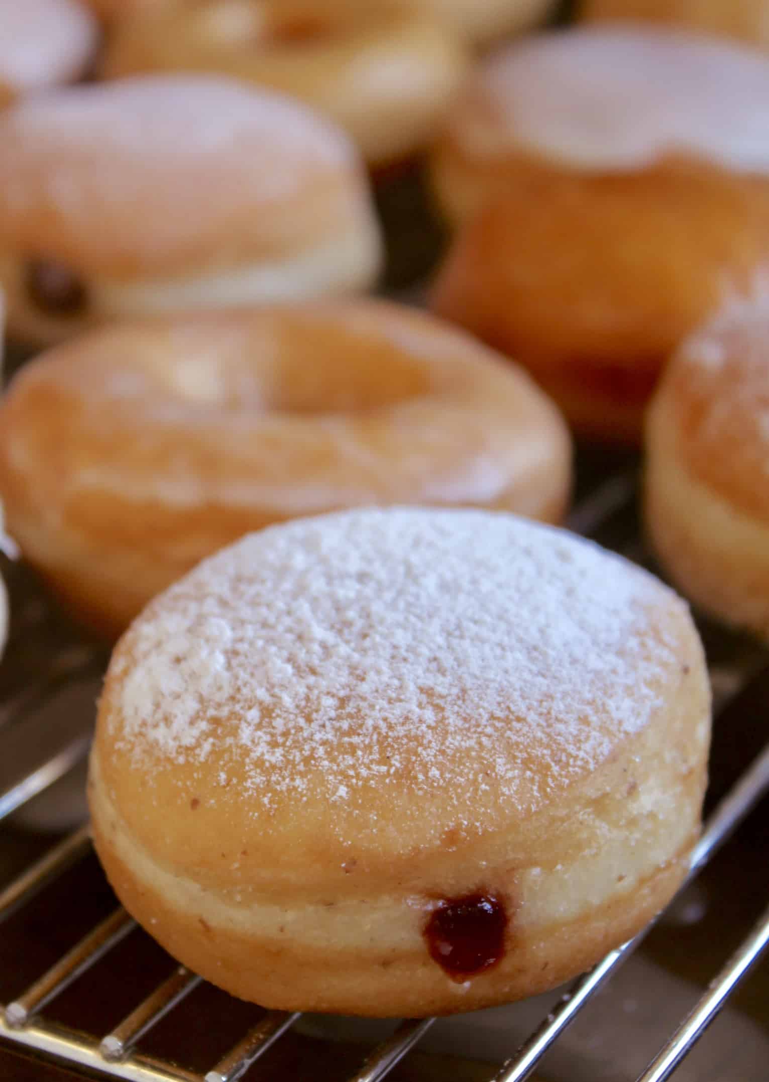 vegan sugar dusted doughnut on tray with more doughnuts