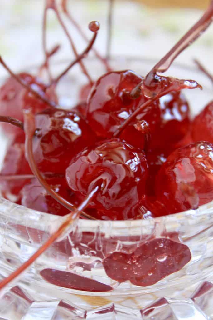 homemade candied cherries (glacé cherries) in a bowl