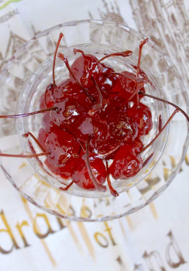 homemade candied cherries (glacé cherries) in a bowl