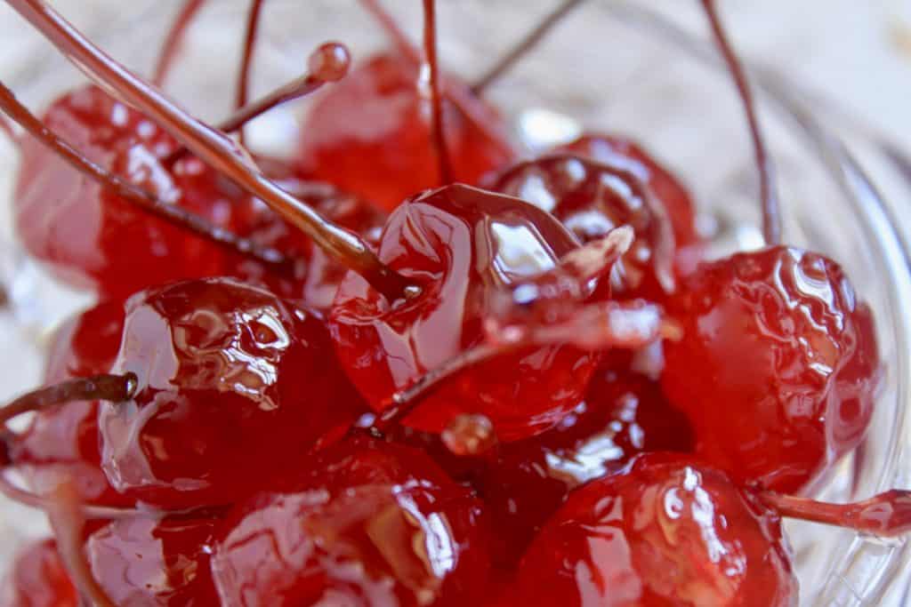 homemade candied cherries (glacé cherries) in a bowl