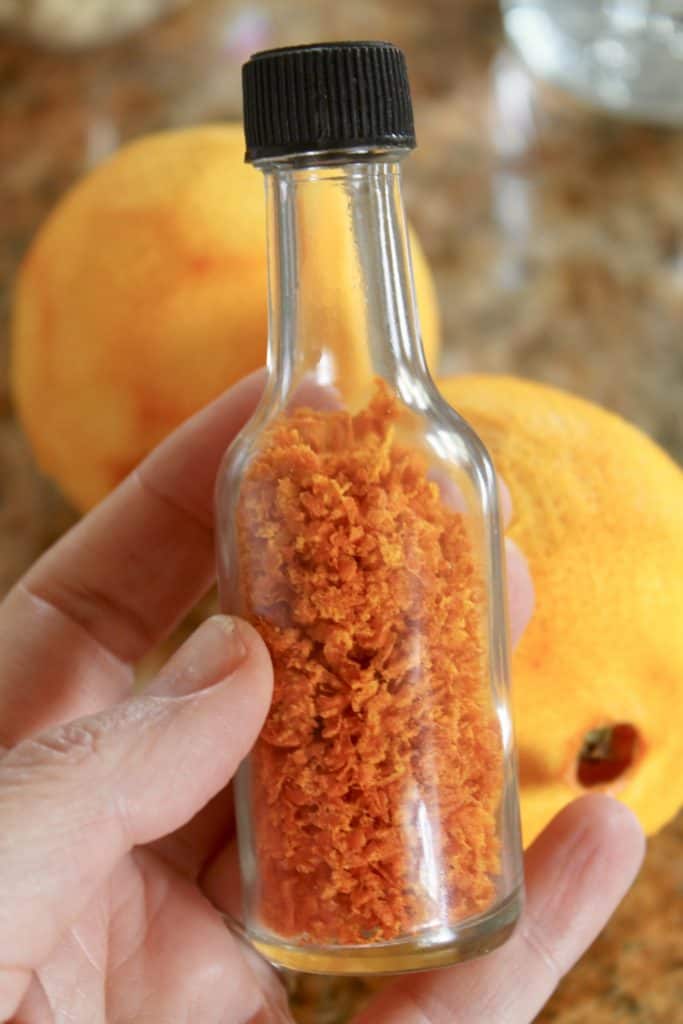 Dried citrus zest in a bottle