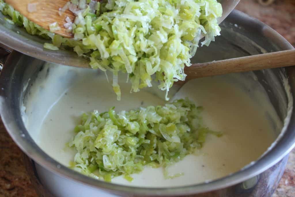 adding leeks to bechamel for Leek Croquettes