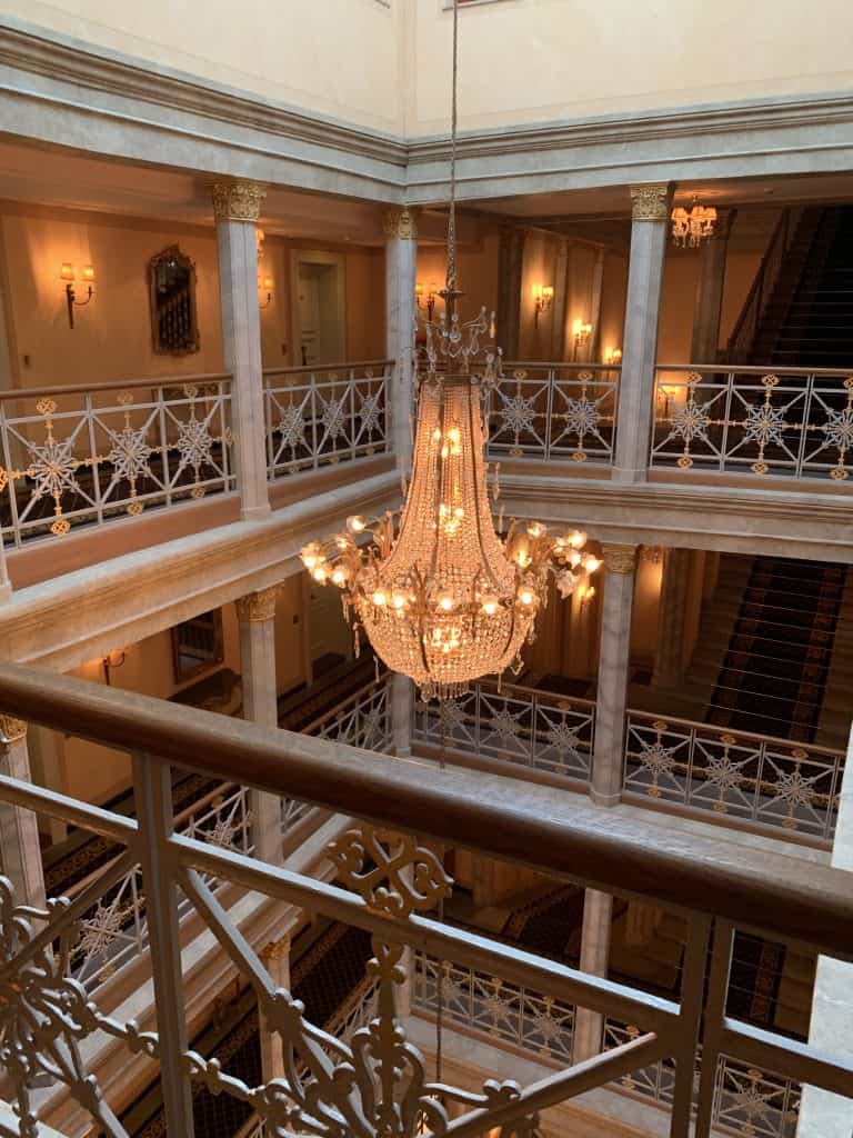 chandelier in Les Troix Rois luxury hotel in Basel