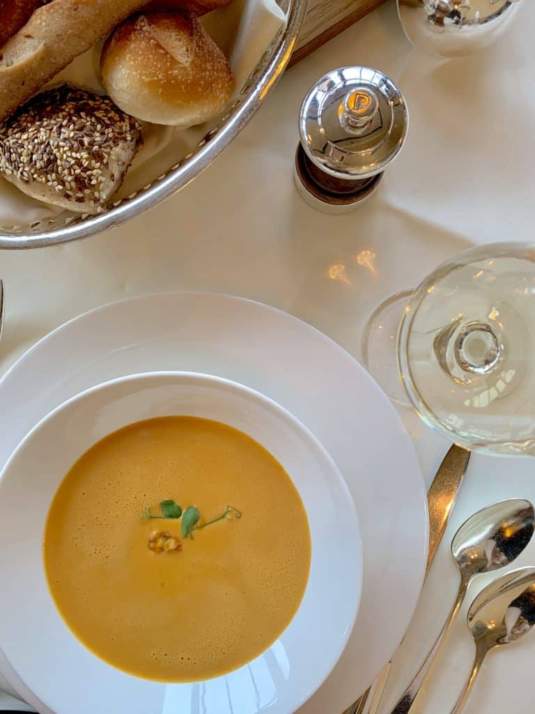 lobster bisque at Brasserie at Les Trois Rois luxury hotel in Basel