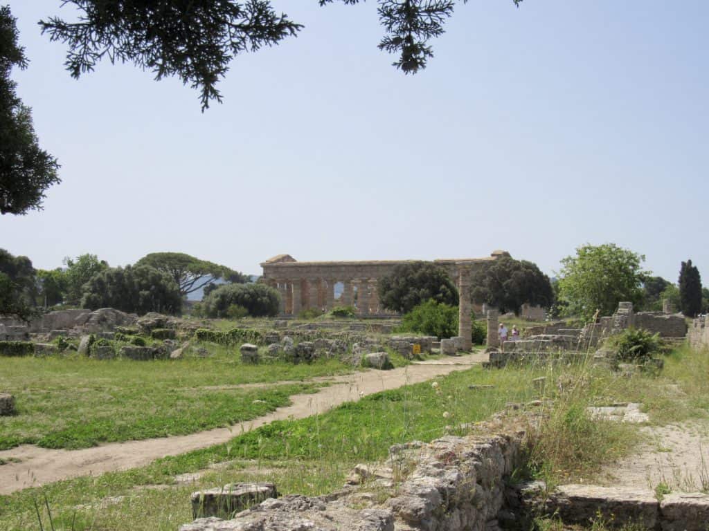 view of paestum with a temple in the distance