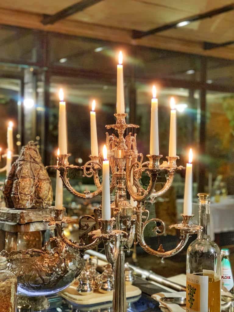 candelabra in Antica Corte Pallavicina restaurant