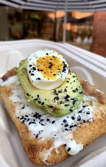 avocado toast with burrata and egg