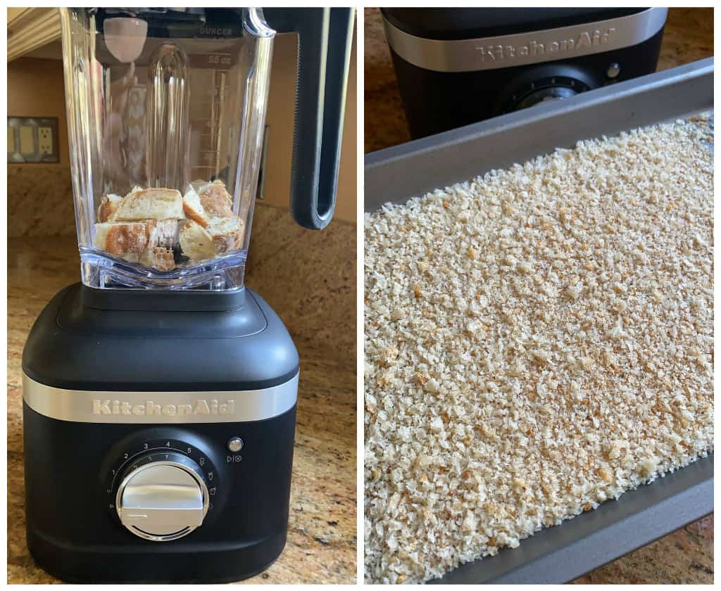 blender and breadcrumbs on a tray