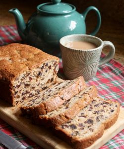 gluten free tea bread with mug of tea and teapot